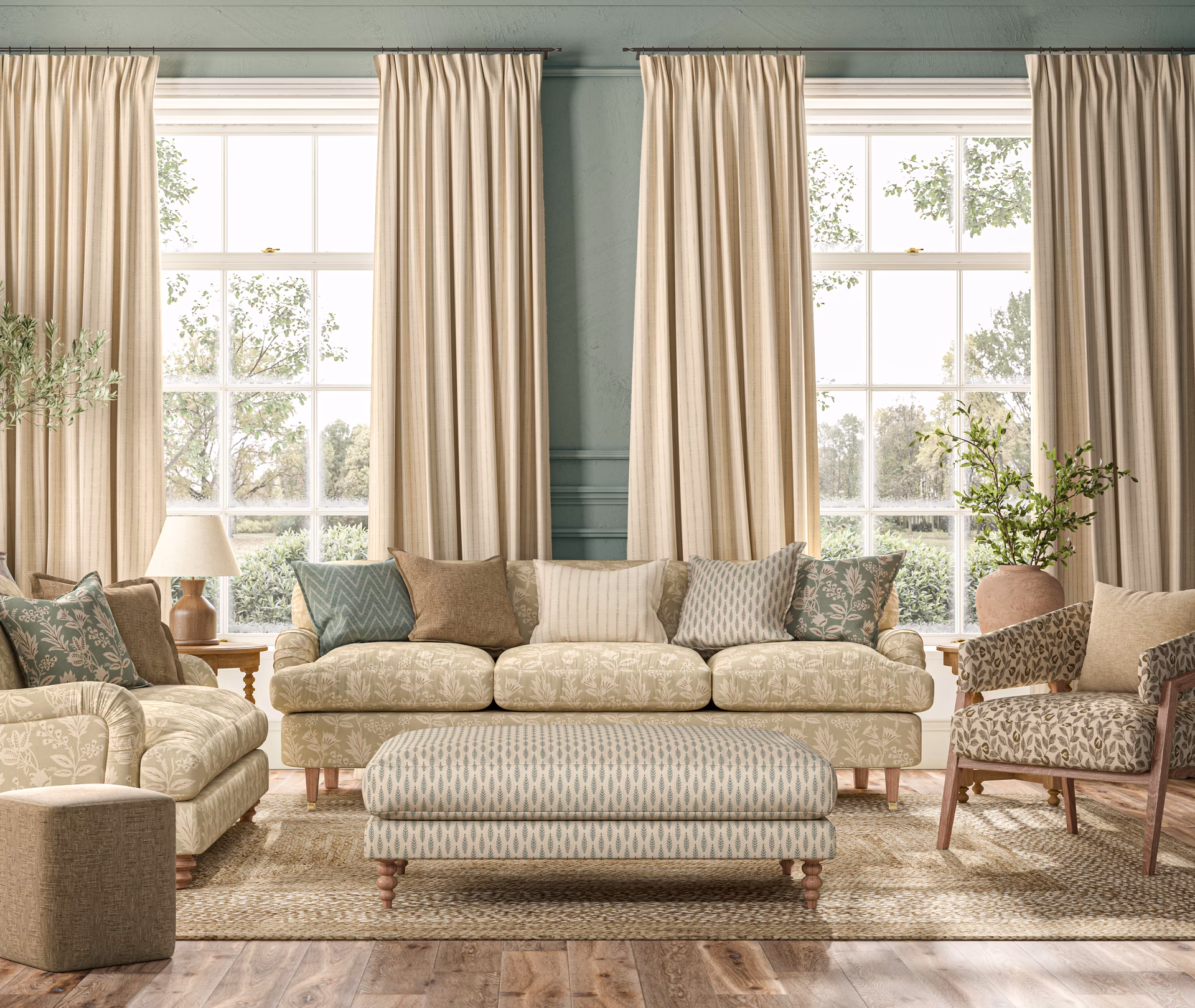 A styled living room with bespoke curtains and patterned upholstery